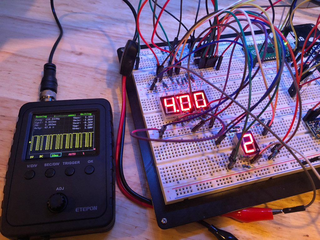 A single digit of the clock, attached to an oscilloscope