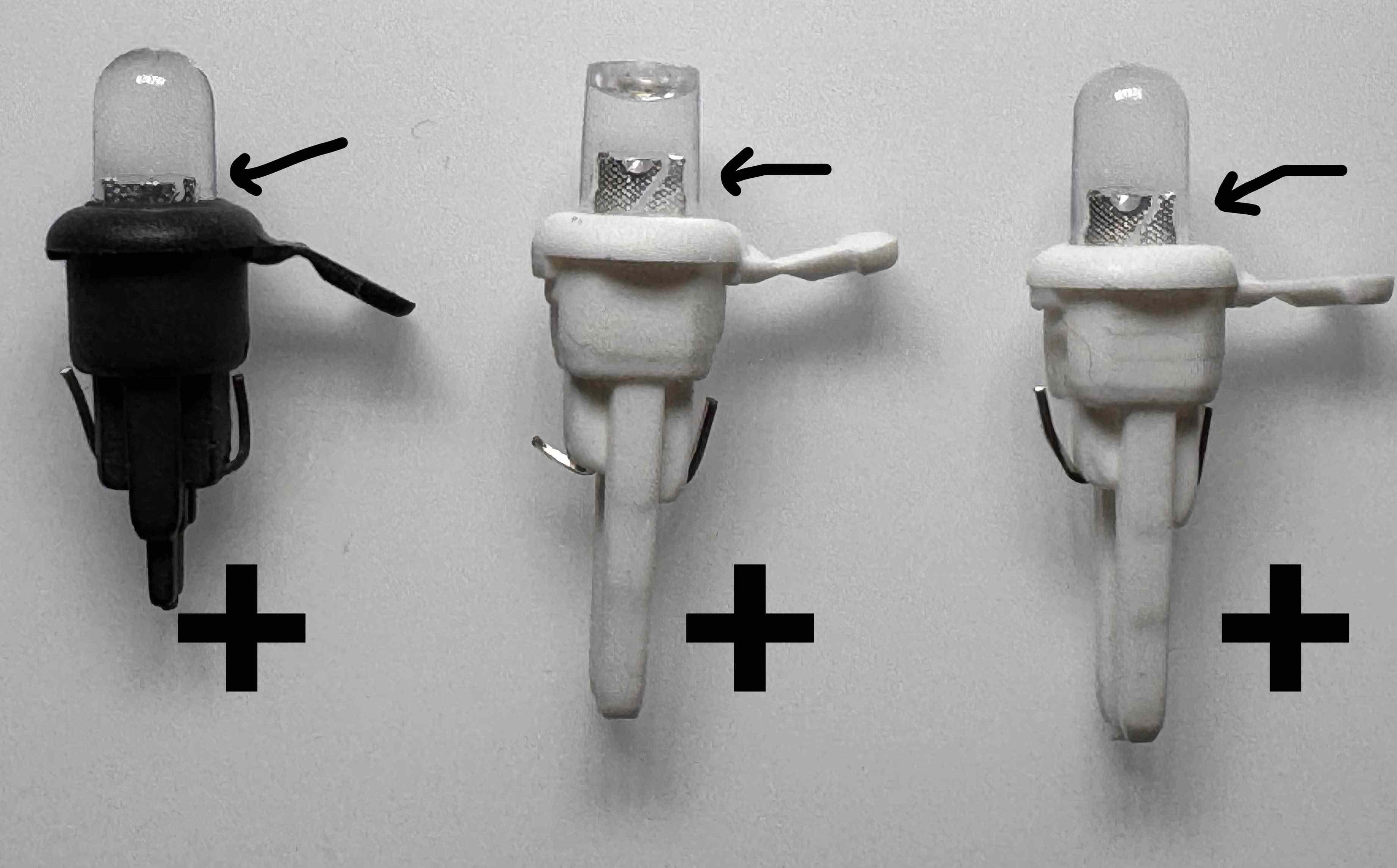 different replacement LEDs, showing polarity