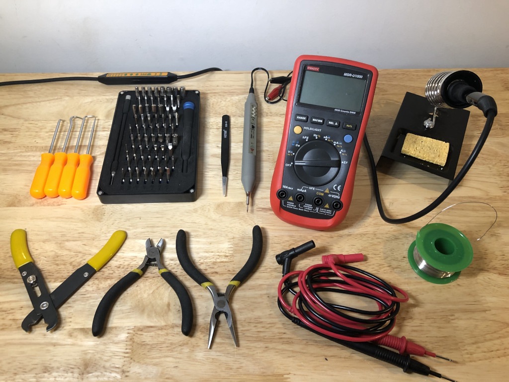 Workbench with electronics tools on it
